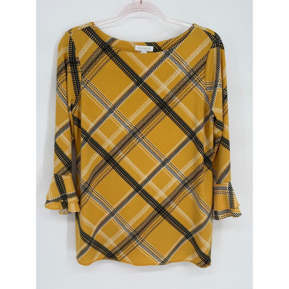 Charter Club Womens Petite Large Yellow Black Plaid Bell Sleeve Blouse Sz PL